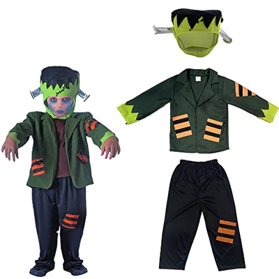 Carnavalife Disfraz Frankenstein Niño Halloween, Disfraz Monstruo Franky Verde Bebé, Gorro, Chaqueta y Pantalones para Disfraz Halloween Niño (4-6 año