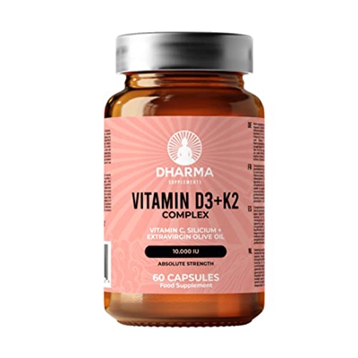 DHARMA Vitamina D3 y K2 10000 UI | Promueve la absorción de calcio, apoya el sistema cardiovascular y arterial | Vitamina natural D3 K2 MK7 con silici