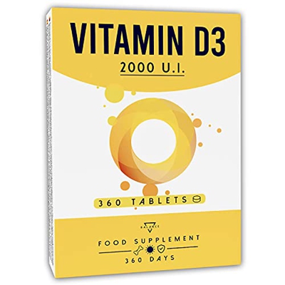 VITAMINA D3 2000UI - 360 TABLETAS (suministro de un año) | Vitamina D | Bienestar de huesos, dientes, músculos y sistema inmunológico | Sin gluten, OM