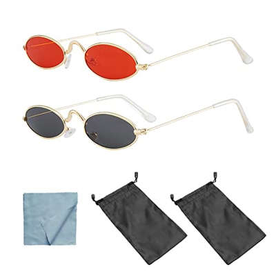 2 gafas de sol retro hippie fiesta de moda gafas ovaladas con marco de metal, gafas de sol unisex, 2 bolsas de almacenamiento impermeables para gafas,