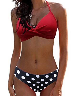 Bikini Elegante Traje de Baño Conjunto Bañador Halter Sexy Sólido para Mujer Ropa de Playa Traje de Baño Bikini Sets Talla Grande(Lunares Rojos,L)