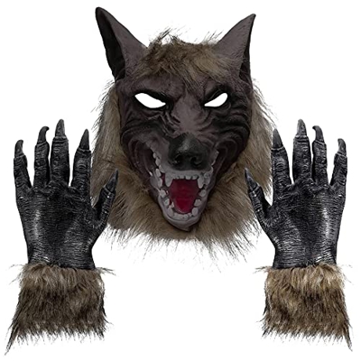Disfraz Hombre Lobo para Halloween, Máscara de Lobo y Guantes Lobo para Disfraces de Miedo, Carnaval y Halloween