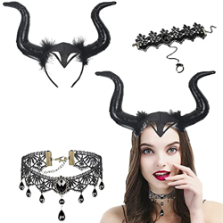 Tuofang 3Pcs Diadema de Cuerno, Cuernos Halloween Demonio, Cuernos de Diablo con Collar y Pulsera de Encaje, Accesorios de Cosplay para Mujeres Cospla características