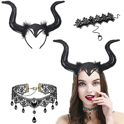 Tuofang 3Pcs Diadema de Cuerno, Cuernos Halloween Demonio, Cuernos de Diablo con Collar y Pulsera de Encaje, Accesorios de Cosplay para Mujeres Cospla