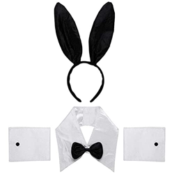 Tradineur - Set 3 piezas de disfraz de conejita - Color blanco y negro, complemento para carnaval, halloween y celebraciones. - Tamaño orejas: 30 x 26 en oferta