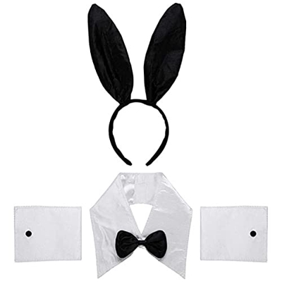 Tradineur - Set 3 piezas de disfraz de conejita - Color blanco y negro, complemento para carnaval, halloween y celebraciones. - Tamaño orejas: 30 x 26