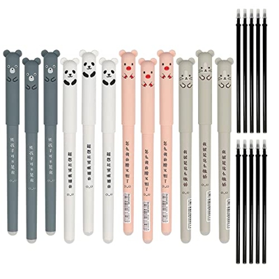 12 Bolígrafos Borrable con Diseño de Dibujos Animados Bonitos Bolígrafo de Gel Borrable Negro (0,35 Mm) Adecuados para Niños Estudiantes y Adultos