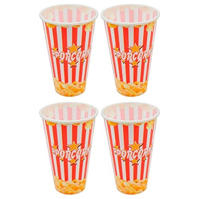 AC – Pack de 4 Cubo de palomitas de plástico a rayas, recipiente reutilizable para cine en casa, fiestas, celebraciones (Rojo y blanco, 17,8 x 11,7 cm