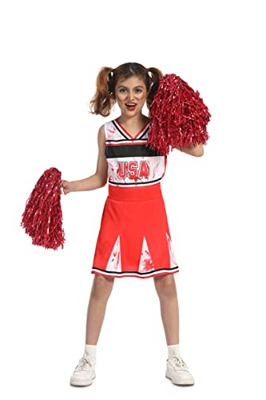 Carnavalife Disfraz Animadora Zombie Niña Halloween, Vestido de Cheerleader Niña con Pompón para Disfraces de Annabelle Animadora Zombi Niña (10-12 añ
