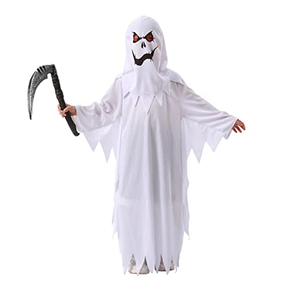 NA# Disfraz de fantasma blanco de Halloween para niños Túnica Grim Reaper con hoz (10-12 años, Blanco)