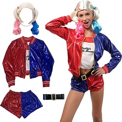 Disfraz de Harley Quinn Niña Mujer, Disfraz de Princesa Arlequina, Chaqueta con Camiseta, Pantalones Cortos y Peluca para Disfraces Halloween Carnaval