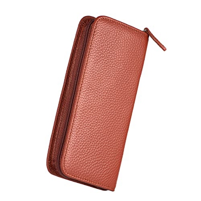Estuche de cuero genuino para pluma estilográfica, 3 ranuras divididas color marrón, con cremallera, soporte de exhibición hecho a mano para bolígrafo