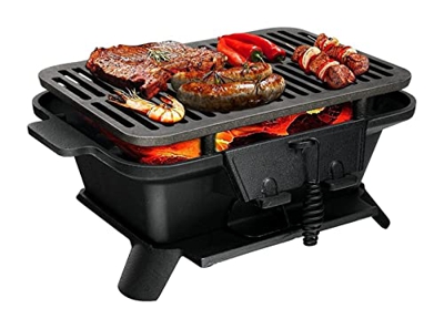 Parrilla De Hierro Fundido para Barbacoa, Estufa Portátil De Carbón De Leña con Rejilla De Doble Cara, Control De Aire Y Puerta De Carbón, Parrilla De