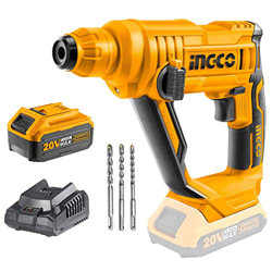 INGCO Martillo Perforador Inalámbrica 20V Con 4.0 Ah Batería y Cargador Professional Martillo perforador con 3 brocas SDS-Plus, 1.5J Φ13 máxi en hormi precio