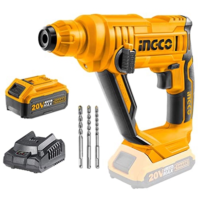 INGCO Martillo Perforador Inalámbrica 20V Con 4.0 Ah Batería y Cargador Professional Martillo perforador con 3 brocas SDS-Plus, 1.5J Φ13 máxi en hormi