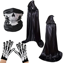 BOFUNX Larga Capa Negra con Capucha Medieval Traje de Vampiro Bruja+Máscara de Calavera+Guantes de Esqueletos Accesorio para Disfraz de Halloween Carn en oferta