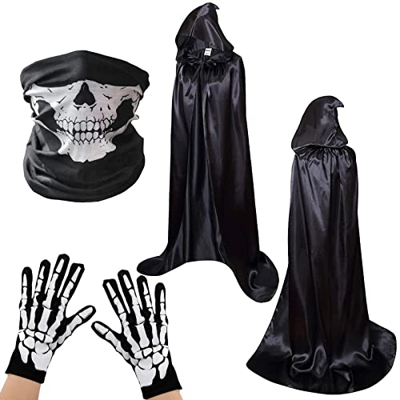 BOFUNX Larga Capa Negra con Capucha Medieval Traje de Vampiro Bruja+Máscara de Calavera+Guantes de Esqueletos Accesorio para Disfraz de Halloween Carn