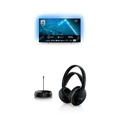 Philips 55OLED707/12 OLED 2022, Android TV 4K, UHD 55", Ambilight en 3 Lados + Auriculares Inalámbricos SHC5200, Supraaurales HiFi (Altavoz 32 mm, Tra