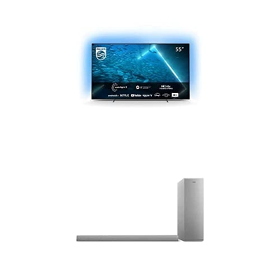 Philips 55OLED707/12 OLED 2022, Android TV 4K, UHD 55", Ambilight en 3 Lados + Barra de Sonido B6405/10 con Subwoofer Inalámbrico (2.1 Canales, 140 W,