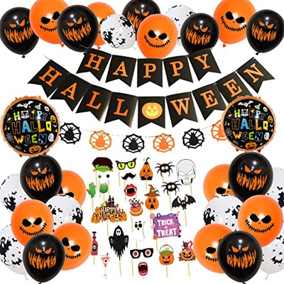 Halloween Globos Decoración Set,Decoración de Halloween, Pancartas Happy Halloween, Globos de Halloween, Guirnaldas De Arañas, Photocall de Halloween 