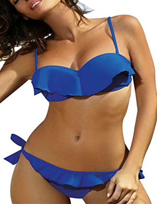 Traje de Baño para Mujer Volante en el Pecho Corbata Lado Inferior 2 Piezas Bikini Conjunto - Azul Marino - Talla M