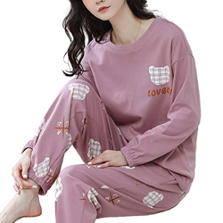 Pijama Mujer, Pjs De Manga Larga para Mujeres Conjuntos Creativos Oso A Cuadros Pijamas De Algodón Púrpura Otoño Invierno Camisón Cálido Conjuntos De  en oferta