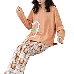 Pijama Mujer Verano, Conjuntos De Pijamas De Manga Larga Pijamas De Algodón Casual Oso De Dibujos Animados Naranja Camisón Pantalones Otoño Invierno C características