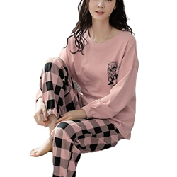 Pijama Mujer Sexy, Pjs De Manga Larga para Mujer Conjuntos De Pijamas De Algodón Rosa A Cuadros Creativos Otoño Invierno Camisón Cálido Conjuntos De R en oferta
