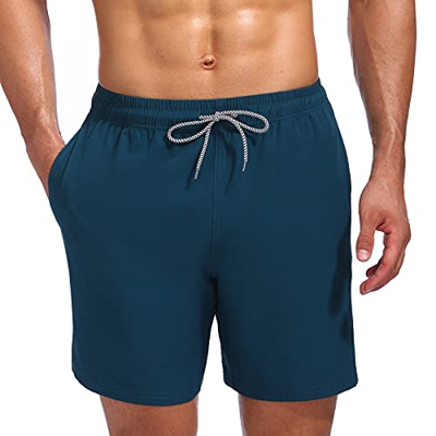 Biwisy Bañador para hombre de secado rápido, bañador informal con bolsillo con cordón, azul marino, XL