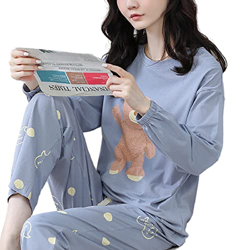 Pijama Mujer Sexy, Pjs De Manga Larga para Mujer Conjuntos Oso Creativo Pijamas De Algodón Azul Otoño Invierno Camisón Cálido Conjuntos De Ropa De Sal en oferta