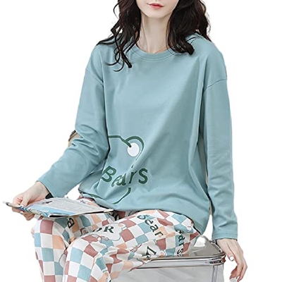 Pijama Mujer, Conjuntos De Pijamas De Manga Larga, Pijamas De Algodón Informales, Dibujos Animados, Oso A Cuadros, Camisón Azul, Pantalones, Otoño Inv