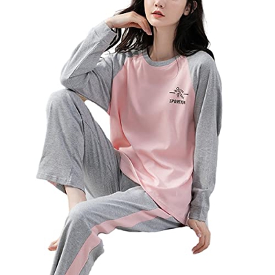 Pijama Mujer Verano, Pjs De Manga Larga para Mujer Conjuntos Creativos Pijamas De Algodón Rosa Gris Otoño Invierno Camisón Cálido Conjuntos De Ropa De