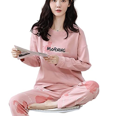 Pijama Mujer Sexy, Pjs De Manga Larga para Mujer Conjuntos De Letras Creativas Gato Pijamas De Algodón Rosa Otoño Invierno Camisón Cálido Conjuntos De