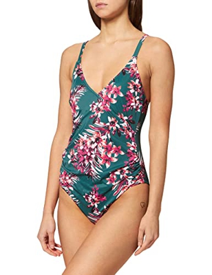 Iris & Lilly Traje de Baño Moldeador con Refuerzo en Abdomen Mujer, Verde Oscuro, Tropical, 38