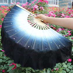 Folding Fan 2Pcs Chinese Short Bellydance Fan 30Cm Bamboo+10Cm Half Circle Silk Veil Pairs Yangko Dance Bamboo Fans Hand Dye Adults Fan (6 Right Hand  características