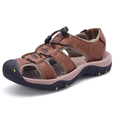 Harssidanzar Sandalias de senderismo para hombre, zapatos de agua de verano,sandalias deportivas de cuero con punta cerrada KM219EU,Ensillar,42EU