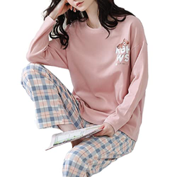 Pijama Mujer Sexy, Pjs De Manga Larga para Mujer Conjuntos Creativos Oso A Cuadros Pijamas De Algodón Rosa Otoño Invierno Camisón Cálido Conjuntos De  en oferta