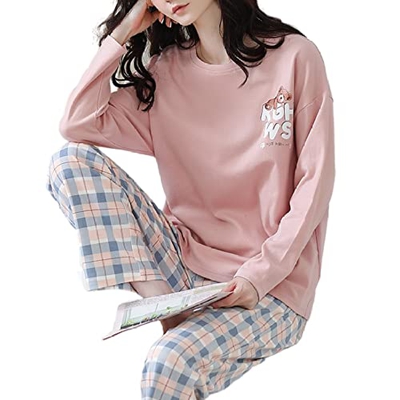 Pijama Mujer Sexy, Pjs De Manga Larga para Mujer Conjuntos Creativos Oso A Cuadros Pijamas De Algodón Rosa Otoño Invierno Camisón Cálido Conjuntos De 