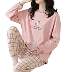 Pijama Mujer, Pijamas De Manga Larga para Mujer Conjuntos Creativos Gato A Cuadros Pijamas De Algodón Rosa Otoño Invierno Camisón Cálido Conjuntos De  en oferta