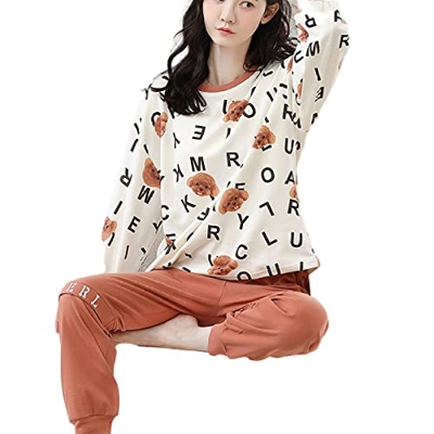 Pijama Mujer Verano, Conjuntos De Pijamas De Manga Larga Pijamas De Algodón Casual Carta De Dibujos Animados Perro Camisón Pantalones Otoño Invierno C