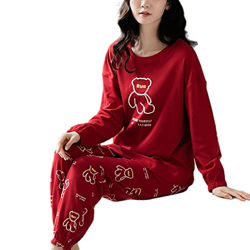 Pijama Mujer Sexy, Pjs De Manga Larga para Mujer Conjuntos Oso Creativo Pijamas De Algodón Rojo Otoño Invierno Camisón Cálido Conjuntos De Ropa De Sal en oferta