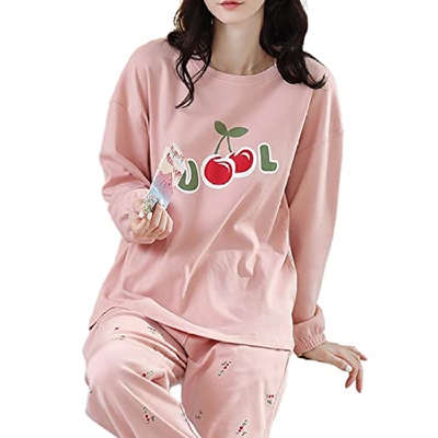 Pijama Mujer Verano, Pjs De Manga Larga para Mujer Conjuntos Creativos Pijamas De Algodón Rosa Cereza Otoño Invierno Camisón Cálido Conjuntos De Ropa 