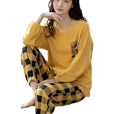 Pijama Mujer, Pjs De Manga Larga para Mujer Conjuntos Creativos Pijamas De Algodón Amarillo A Cuadros Otoño Invierno Camisón Cálido para Mujer Conjunt