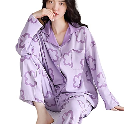 RGVV Pijama Mujer Sexy, Conjuntos De Pjs Cálidos E Informales, Pijamas De Algodón, Estrella De Dibujos Animados, Cárdigan Morado, Pantalones, Otoño In