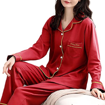 Pijama Mujer, Conjuntos De Pjs Cálidos E Informales Pijamas De Algodón Rojo Pantalones De Rebeca Lisos Clásicos Otoño Invierno Mangas Largas Traje De 