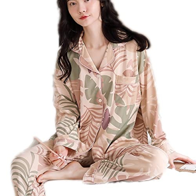 Pijama Mujer, Conjuntos De Pjs Cálidos E Informales Pijamas De Algodón Hojas Tropicales Chaqueta De Punto Pantalones Otoño Invierno Manga Larga Camisó