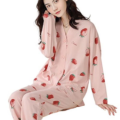 Pijama Mujer, Conjuntos De Pijamas Informales para Mujer, Pijamas De Algodón De Manga Larga, Pantalones De Rebeca Rosa Fresa Creativos, Traje De Dormi