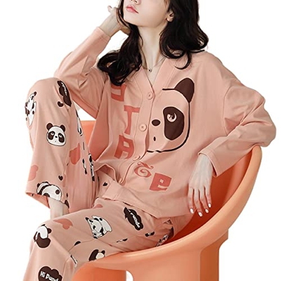 Pijama Mujer Sexy, Conjuntos De Pijamas Informales para Mujer, Pijamas De Algodón De Manga Larga, Panda Creativo, Pantalones De Rebeca Rosa, Otoño Inv