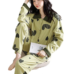 Pijama Mujer Verano, Conjuntos De Pjs Cálidos E Informales Pijamas De Algodón Love Heart Chaqueta De Punto Verde Pantalones Otoño Invierno Mangas Larg en oferta
