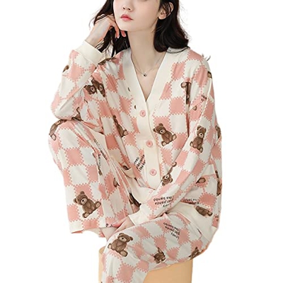Pijama Mujer Sexy, Conjuntos De Pijamas Informales para Mujer, Pijamas De Algodón De Manga Larga, Pantalones De Rebeca De Oso A Cuadros Creativos, Rop